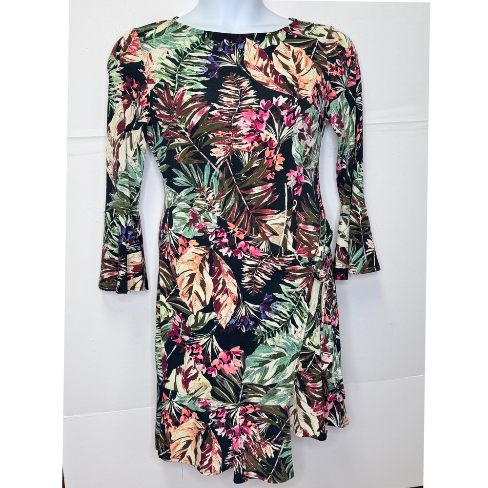 ECI NY Faux Wrap‎ Dress  M Black Floral Tropical Bell Sleeves Boho Vacay Y2K